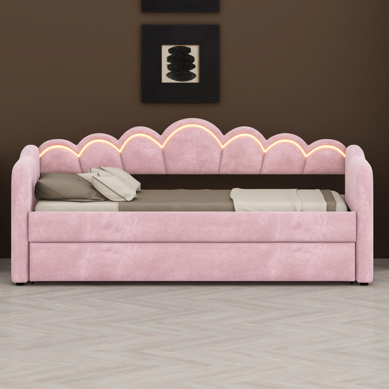 Modern Upholstered Daybed with Integrated LED Lighting and Convertible Trundle, Pink