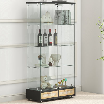Modern Glass Display Cabinet, Black And Natural, 13 - Colour Led Lighting, Design, Quick Assembly, Photo Frames, Living Room Collectibles, Bedroom