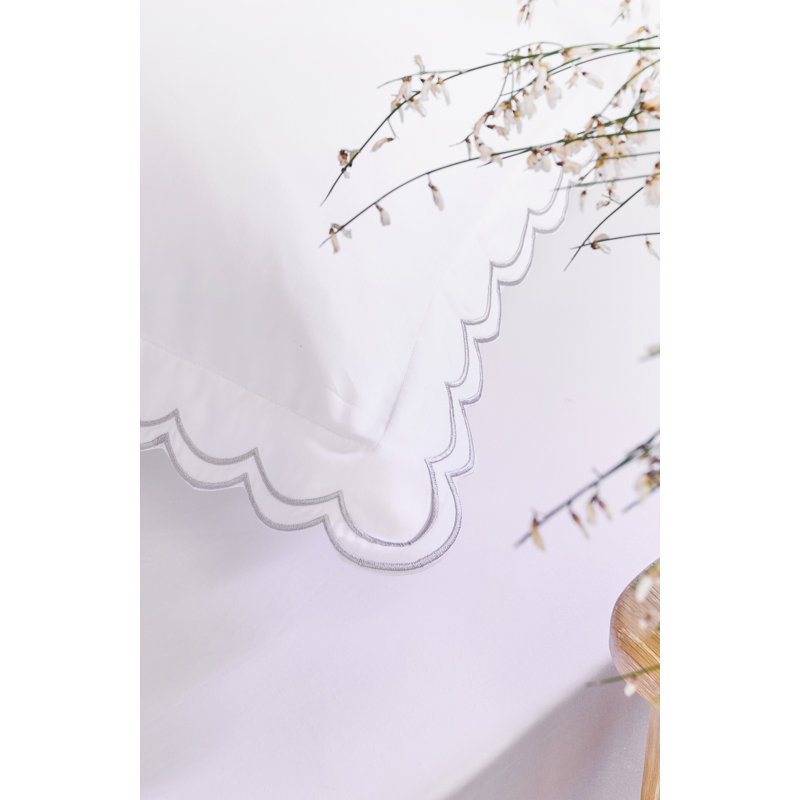 Scallop Edge Luxury Pillowcase Pair, White/Silver, Standard Pillowcase