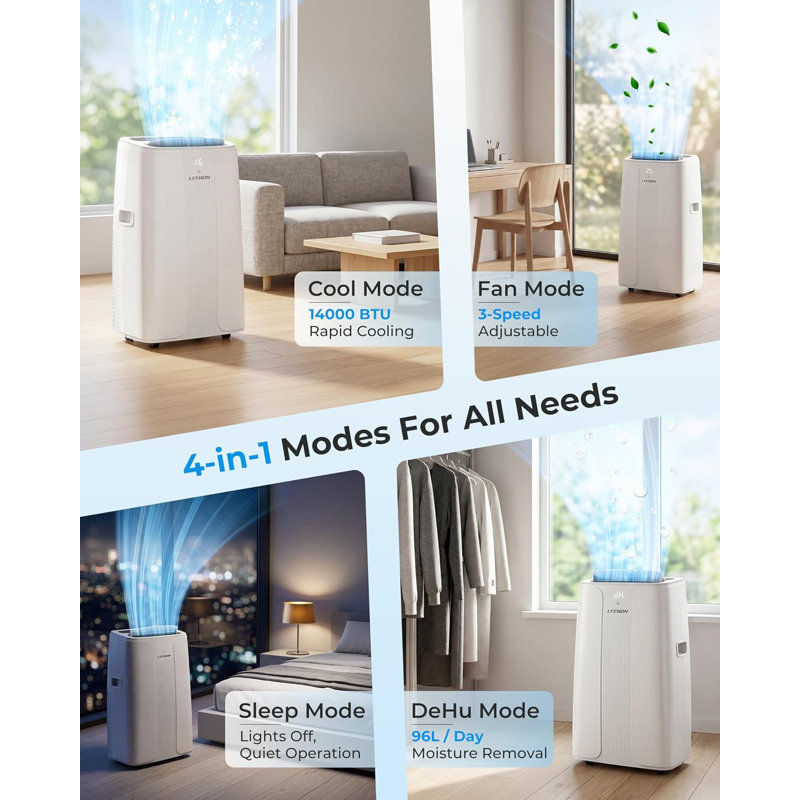 14000 BTU Portable Air Conditioner, Fast Cools up to 45㎡, 3-in-1 (Cool/Fan/Dehumidify), Remote Control, White – For Bedroom, Home Office, Flat