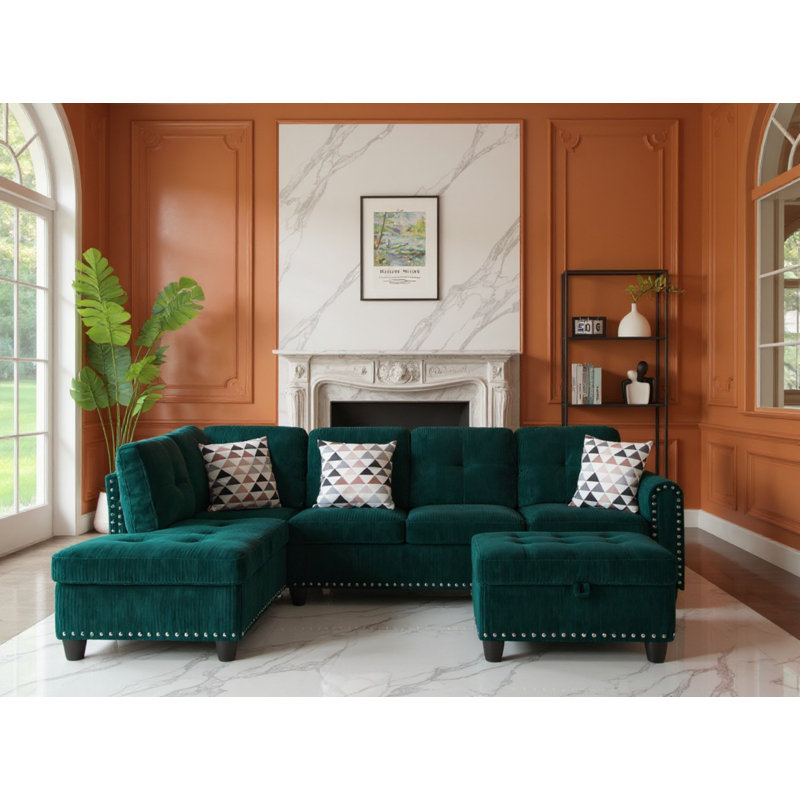  94.49” L-shaped Corduroy Deep Seat Modular Sectional Sofa Couch For Living Room, Green