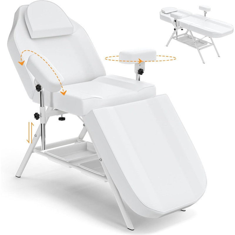 Lit de tatouage et de soins du visage blanc avec rangement, accoudoirs ajustables, capacité de charge de 200 kg