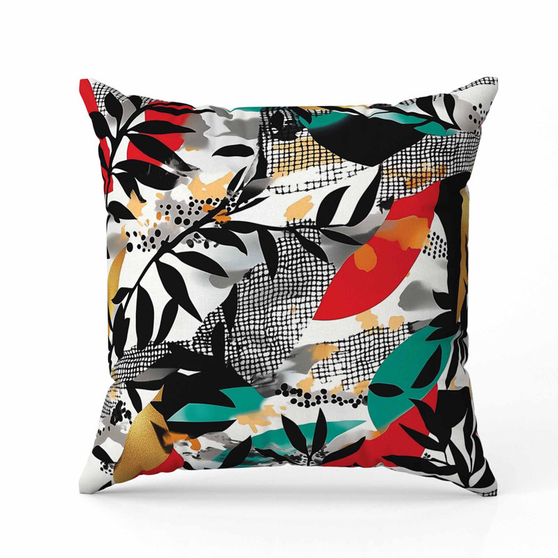 Coussin Leafy, Carré 20 po, Noir, vert et rouge