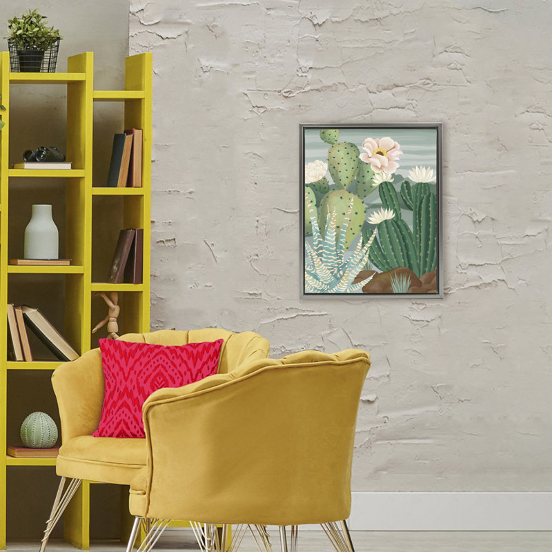 Cadre flottant Green and Bloom Cacti, design par Cat Thurman Designs, H 31 po x l 25 po, Cadre flottant gris lustré