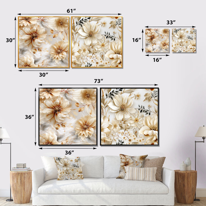 Kourou - Ensemble de 2 reproductions d'art sur toile florales, H 36 po x l 73 po x P 1,5 po, Encadrement doré