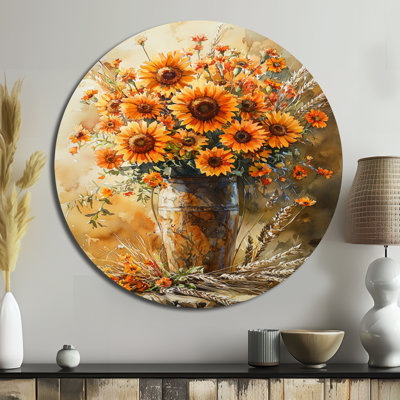 «Golden Hour Harvest Blooms I», reproduction d'art sur métal jaune traditionnel, tournesols, art mural rond en métal