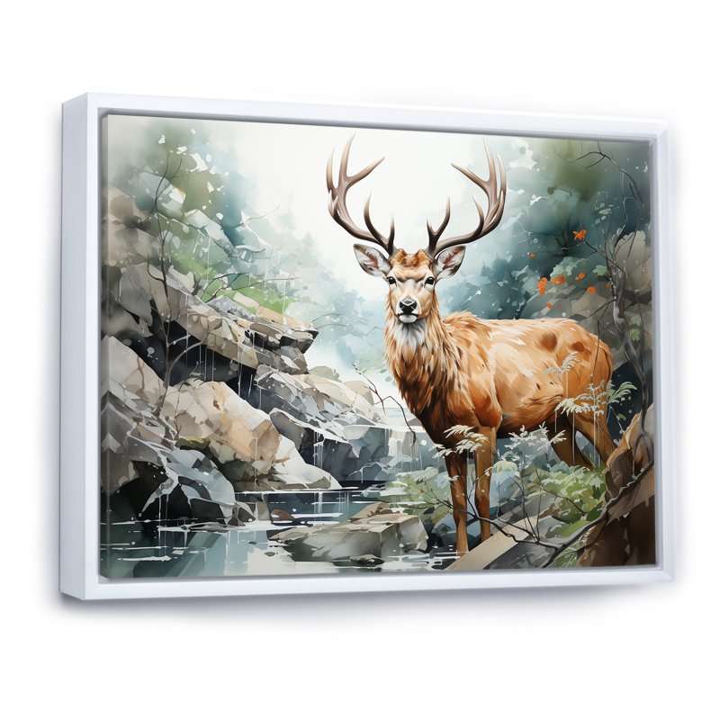 Paysage de cerfs minimalisme sur toile, H 34 po x l 44 po x P 1,5 po, Cadre flottant blanc