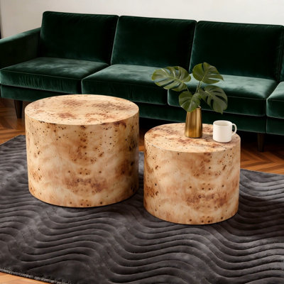 Nesting  Table Set of 2, Modern Round Coffee Table, en Circle Accent Tables for Small Spaces Living Room Bedroom Balcony Office Drum Side Table,  Burl