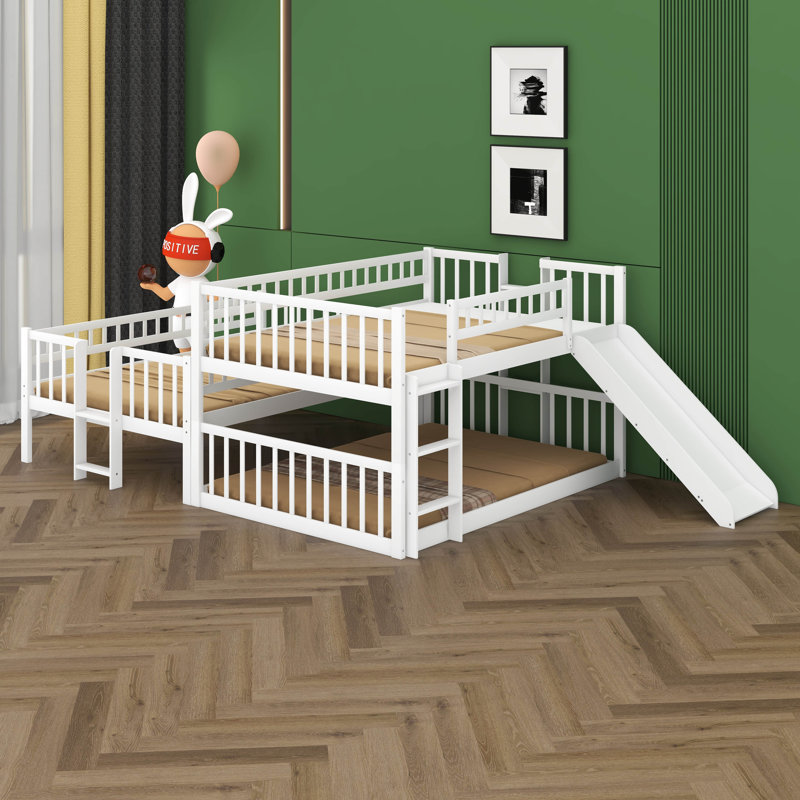 Full Over Full Over Full Triple Bunk Bed, Detachable Bunk Bed With Built-In Ladders, Slide, Guardrails, Wooden Convertible Bed