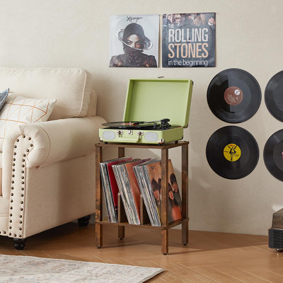 Support pour tourne-disque en vinyle à 2 niveaux, armoire de rangement pour tourne-disque en bois avec support pour 100 albums, tablette ouverte pour le salon, la chambre à coucher et le bureau