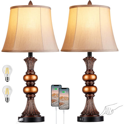 Ensemble de 2 lampes de table traditionnelles à contrôle tactile, lampes de chevet H 27 po avec 2 ports de chargement USB, grandes lampes de table de chevet à finition bronze à intensité variable 3 voies avec abat-jour en fausse soie cloche pour le s