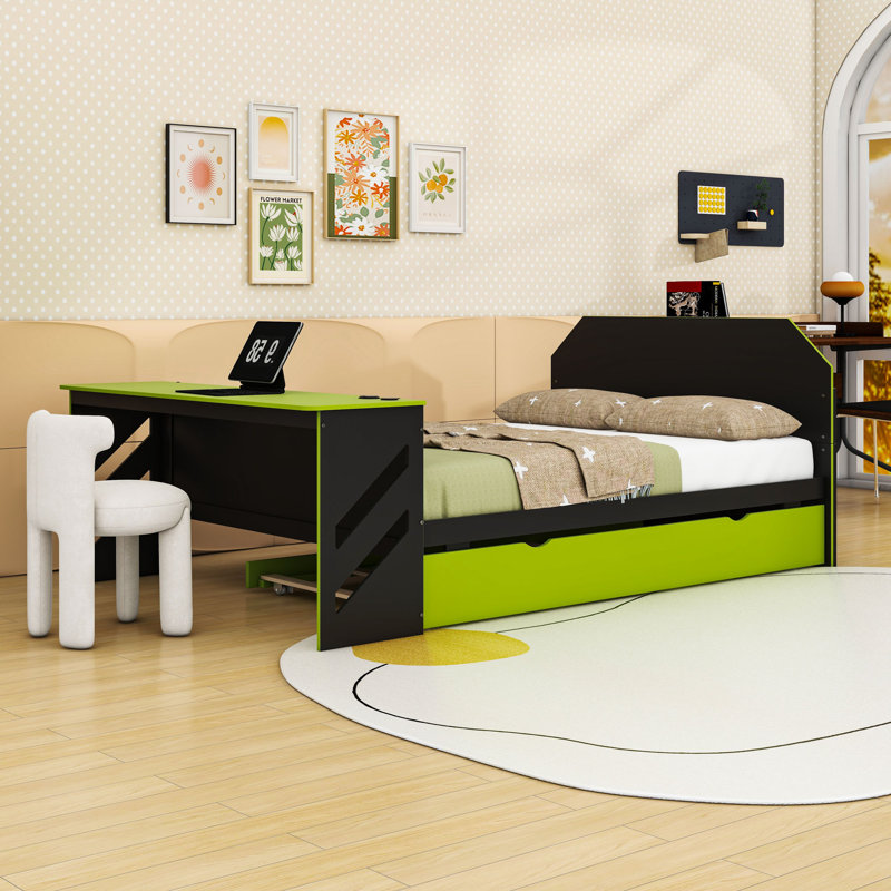 Lit de jour double avec bureau intégré et port USB et lit gigogne simple, Vert