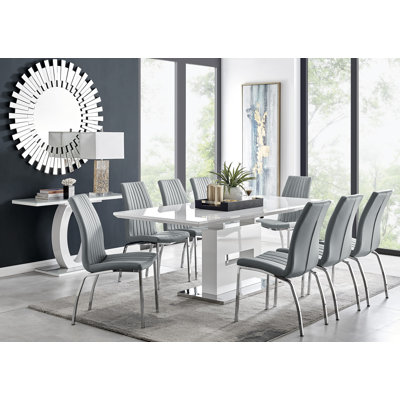 Alezzo Modern High Gloss Extendable Dining Table Set with 8 Soft Touch Faux Leather Dining Chairs