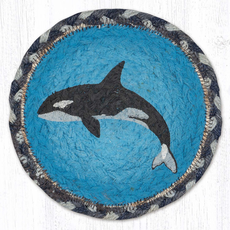  Tapis de jute tressé rond en or 7 po avec orques au bord de la mer dans des tons audacieux noir et bleu côtier, Blue/Black