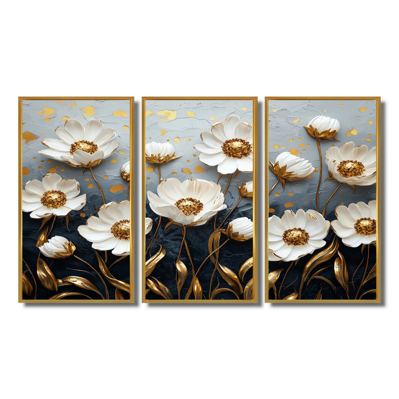 «White Gold Cornflowers Meadow Charm I», ensemble d'art mural, Toile avec cadre flottant or, H 28 po x l 36 po x P 1 po