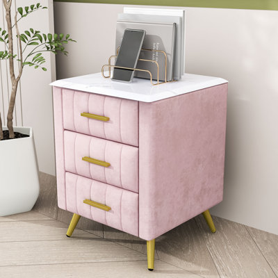 Upholstered Nightstand, 3 Drawers and Metal Accents