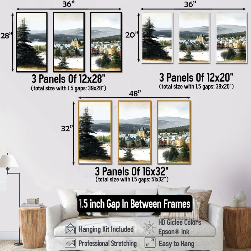 Reproduction d'art sur toile Shaftesbury Mont-saison d'hiver V - 3 pièces, H 28 po x l 36 po x P 1 po, Cadre naturel flottant