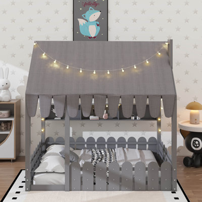 Lit sur pied Montessori avec rampes de tente et de clôture, cadre de lit de maison avec lumières et tablettes de rangement