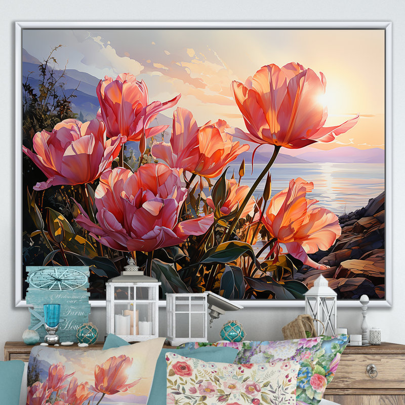 Tulips Sunset - Tulips Wall Art, White Floater Framed, 16" H x 32" W x 1" D