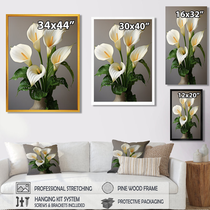 Bouquet de fleurs de lys blanc arum blanc dans un vase - art mural de salon lys, Toile tendue, H 20 po x l 12 po x P 1 po