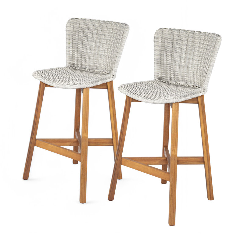 Tabouret de bar d'extérieur en bois fini teck avec osier gris clair, ensemble de 2, Gris clair