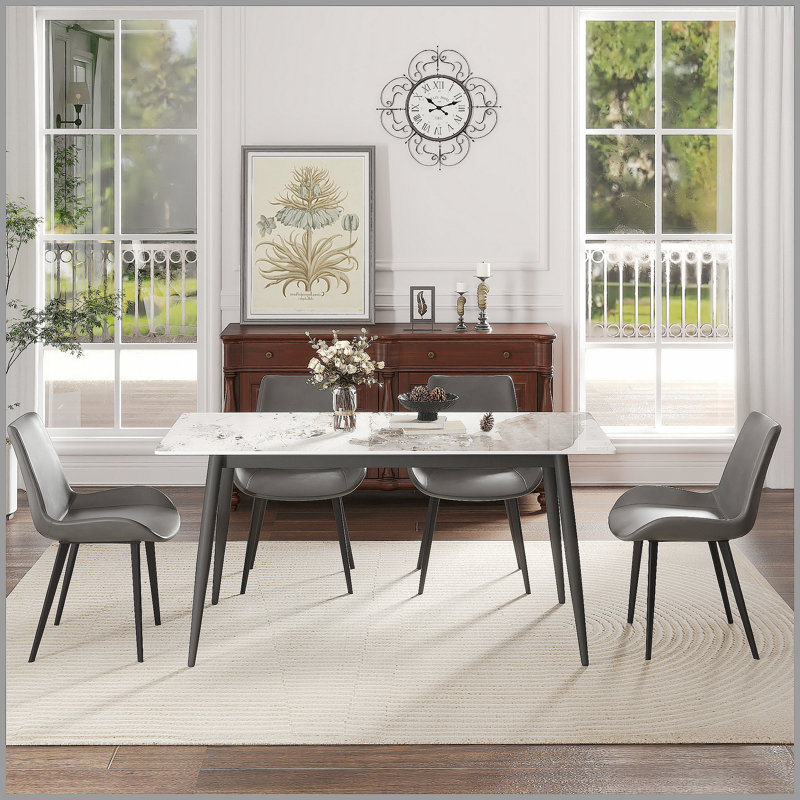Table de salle à manger moderne moderne en pierre artificielle blanche avec bord droit et pieds en métal noir, pour 6 à 8 personnes
