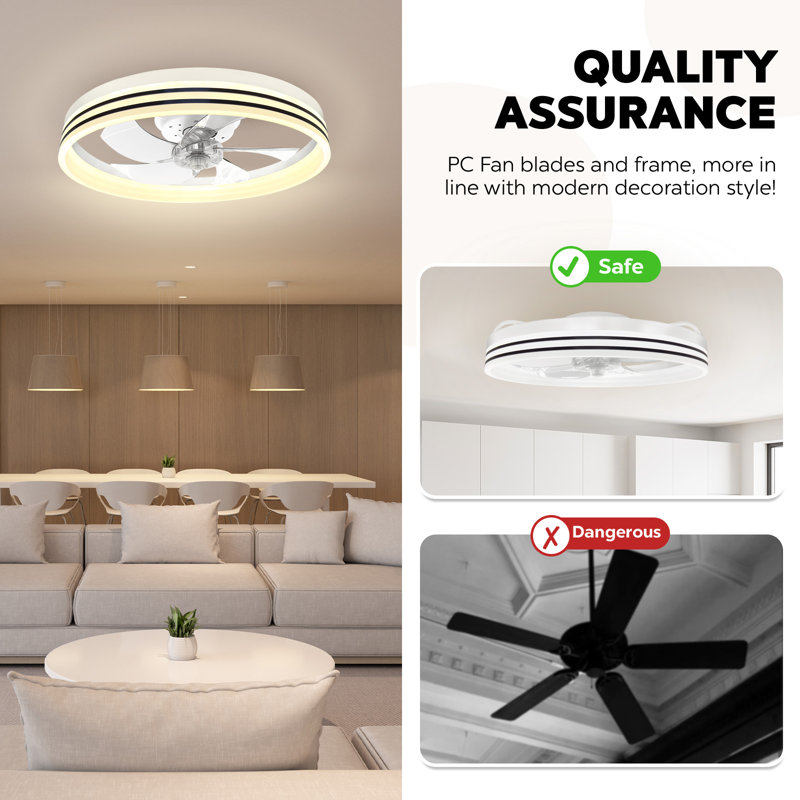 Andia Caged Ceiling Fan with LED Lights, Low Profile Ceiling Fan for Living Room, White, White, Clear