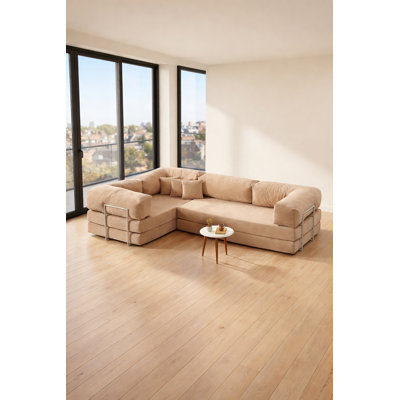 Beige Velvet L-Shaped Modular Sectional Floor Sofa with Low Seating