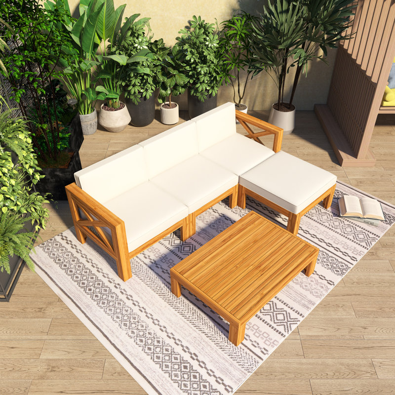 74.2'' Wood  Outdoor Patio Sofa With  Cushions, Beige