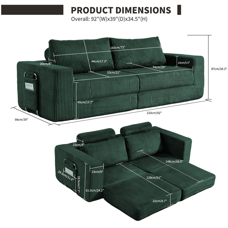 3 Seater Corduroy Sofa, Green