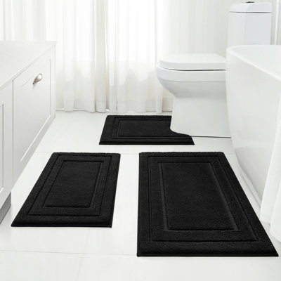  Bathroom Rugs Sets 3 Piece, Super Soft and Absorbent Non Slip Microfiber Toilet Bath Mat with U-shaped (Black)
