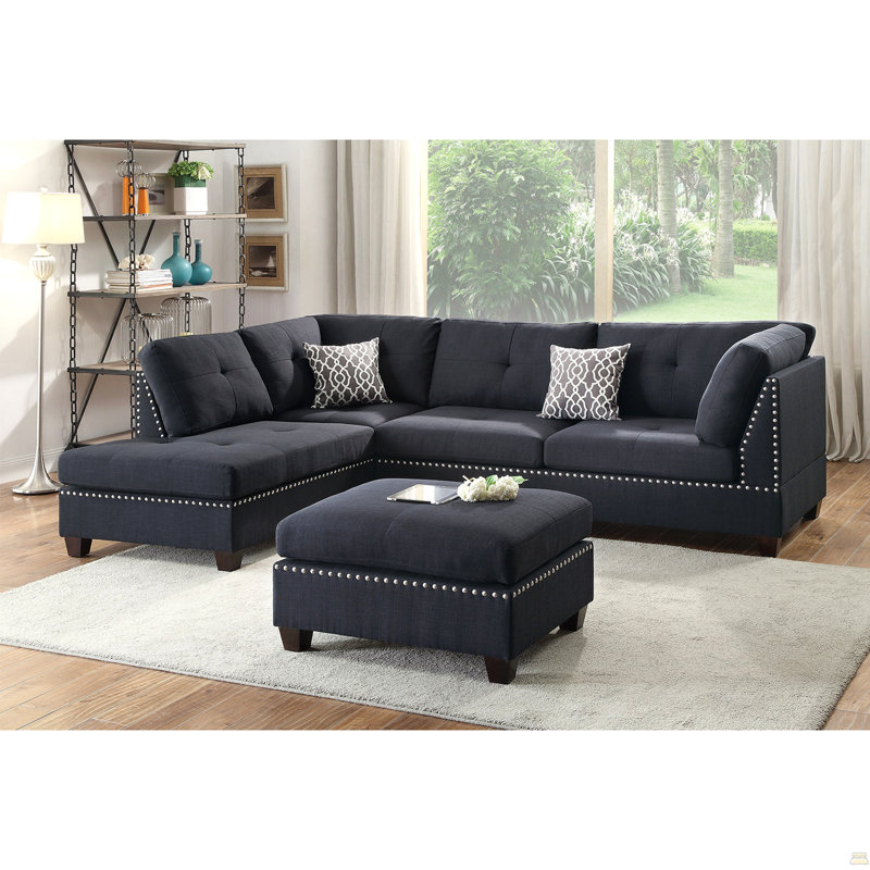 Reversible Polyfiber Sectional Sofa With Ottoman, Black