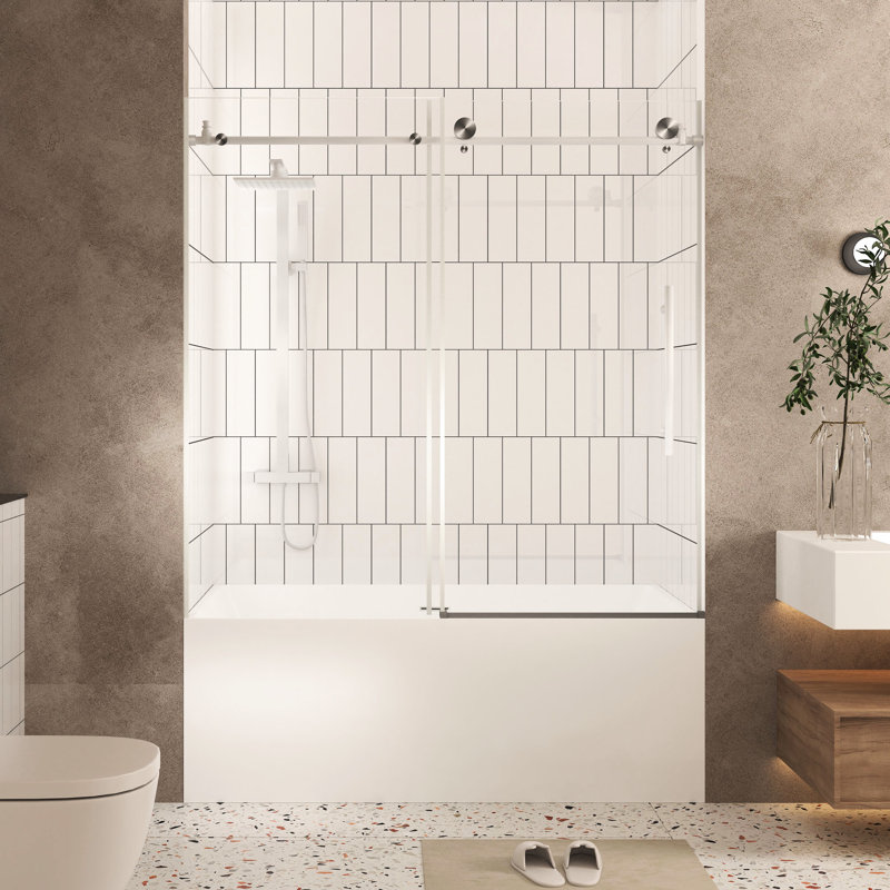 Shower Door 56 - 60" W X H, 1/4" Clear Tempered Glass, Proof , Stainless Steel Gentle Hold Handle, Brushed Nickel Exterior Water Blocking Ridge For Dry Zone Enclosure, Soft Touch Facet Edge