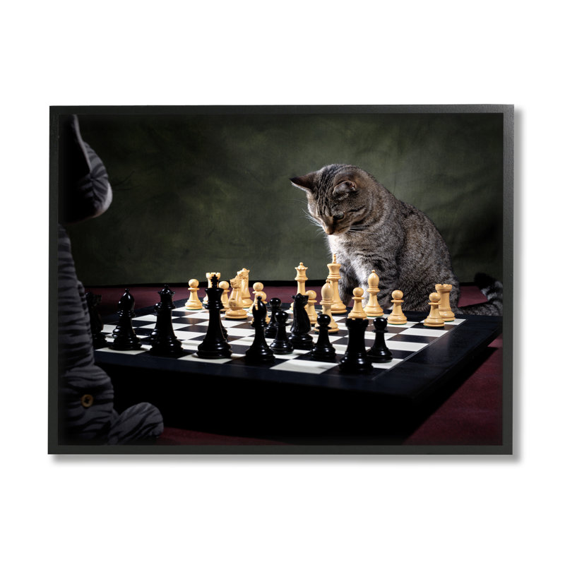 «Ba-363», chats jouant aux échecs, encadré sur bois par Jonathan Casey, Giclée encadrée noir minuit