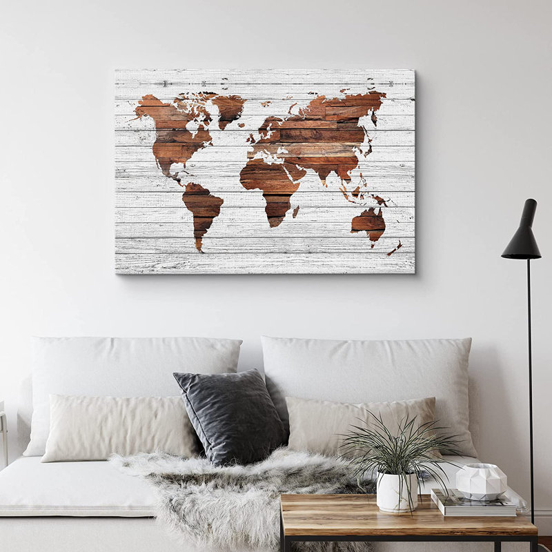 «World Map on White Wood Panels Places Country», reproduction d'art sur toile tendue, H 24 po x l 36 po x P 1,5 po