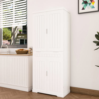 White Pantry Cabinet, 71.59" Tall, Adjustable Shelves, Drawer And 6 Door Shelves In Design For Kitchen, Hallway Dining Room Organization Freestanding Style,