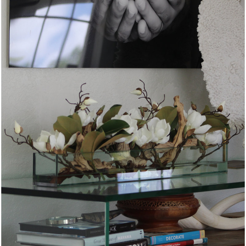 Glass Plate Magnolia Floral Arrangement And Centerpiece In Planter, 10" H x 24" W x 7" D, White