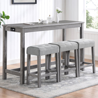 Multifunctional Wooden 4 Piece Bar Table Set With Power Outlet, 1 Bar Table And 3 Chairs Set, Dining Table Set, Industrial Breakfast Table Set