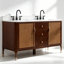 Meuble-lavabo double 60 po en rotin 60 po avec plateau en marbre d'ingénierie Mid-Century Glam-484305872