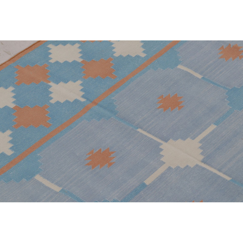 Rug & Kilim’S Contemporary Dhurrie Rug In Blue And Rust Tile Design