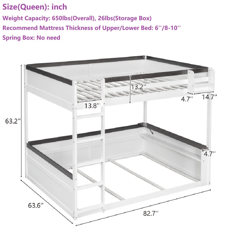 Queen Size Wooden Bunk Bed, Gray