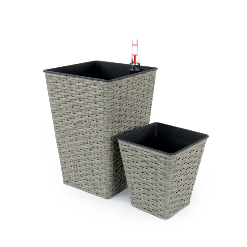 2-Pack Smart Self-Watering Square Planter For Indoor And Outdoor - Hand Woven Wicker, Gray