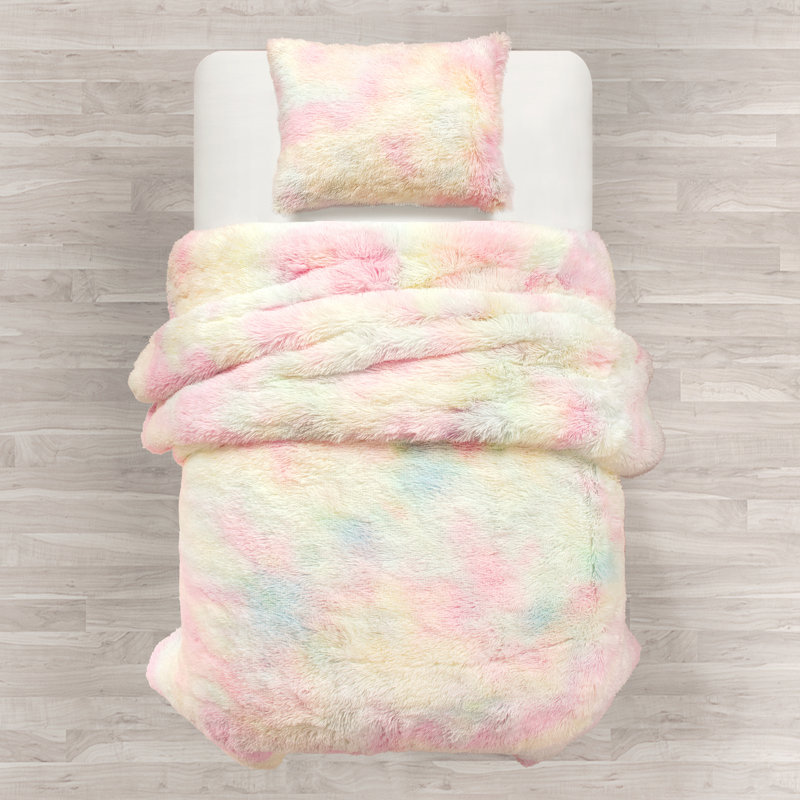 Rainbow Faux Fur Twin Comforter Set with Pillow Sham