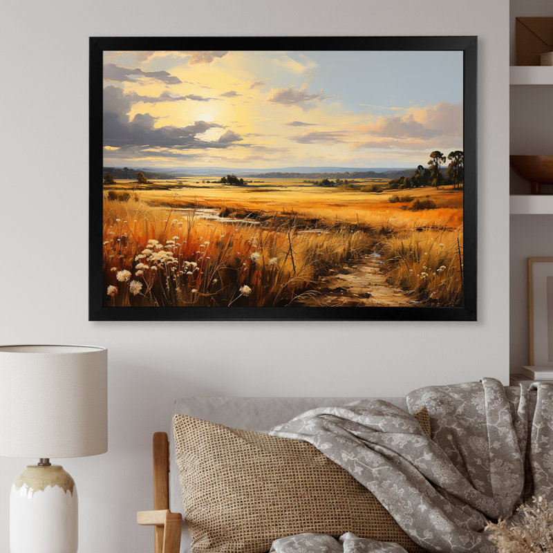 «Yellow Wheat Field Meadows III - Meadow», art mural, Cadre d'angle fermé noir, H 12 po x l 20 po x P 1 po