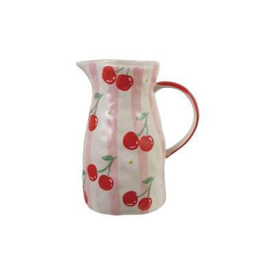 Striped Stoneware Pitcher with Hand-Painted Cherries