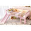Lit mezzanine simple en bois massif rose, avec tablettes de rangement pour livres et lumières à DEL-129996386