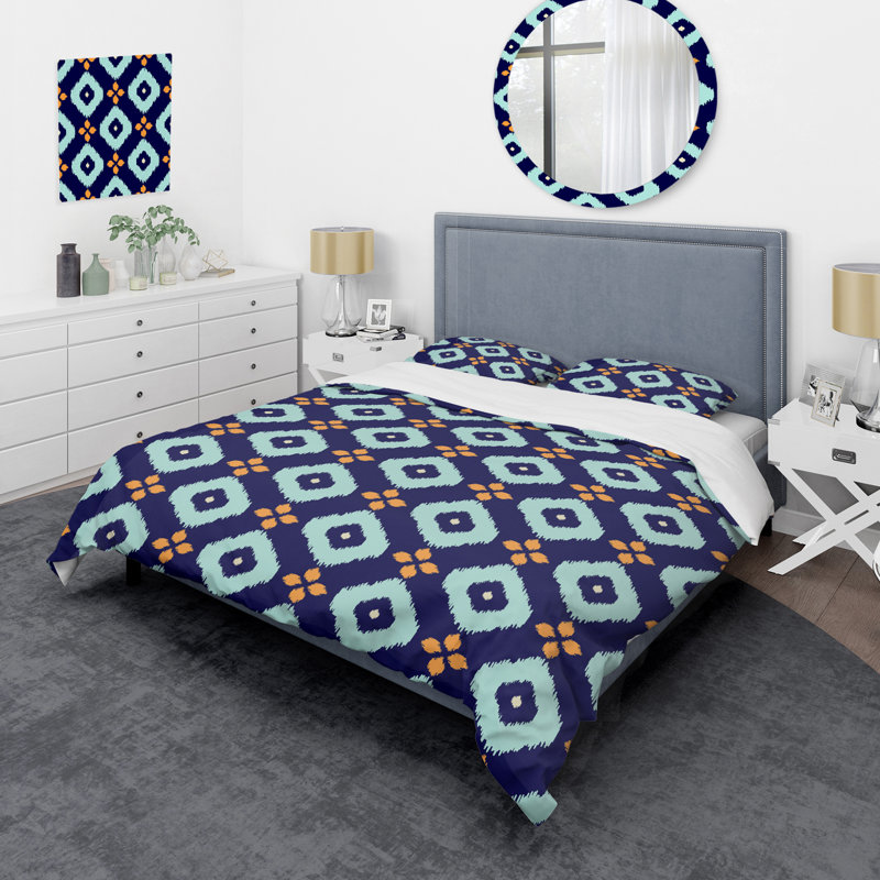 Blue Ikat Geometric Polyester Geometric Shapes Duvet Cover, King Duvet Cover + 2 King Shams