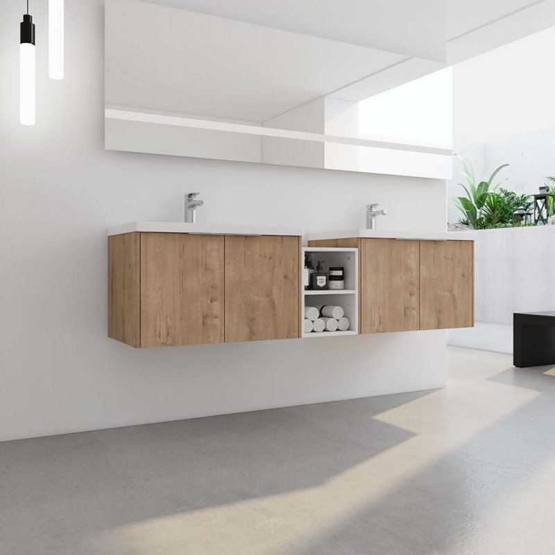 Meuble-lavabo 72 po à fermeture en douceur avec lavabo, Imitation chêne