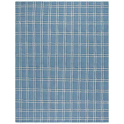 Evell Handtufted Wool & Cotton Plaid Rug in Blue/Ivory