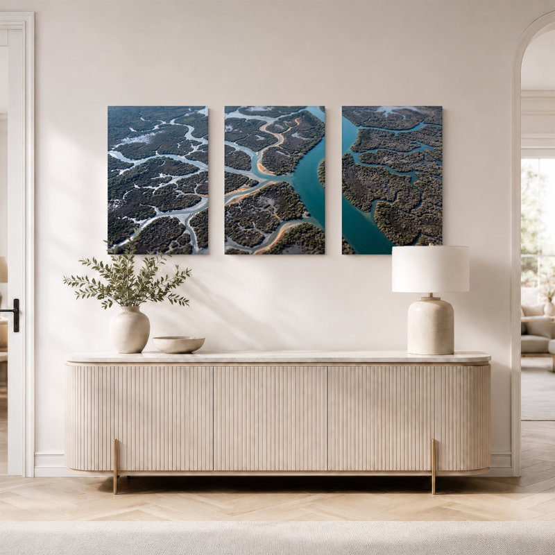 «Teal Winding River Through Dense Green Mangrove», ensemble de 3 toiles murales, H 36 po x l 24 po x 3 pièces